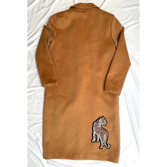 Revolve L'Academie Tyler Long Camel Coat Large, Leopard Patch - Picture 2 of 6